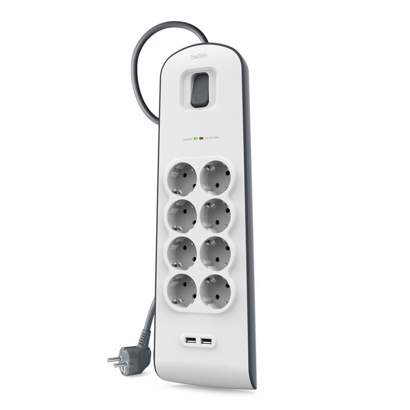 Подовжувач мережевий Belkin 2м, 8хТипF, 16А, 2xUSB-A 2.4A, фільтр, білий