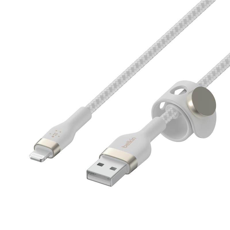 Кабель USB-A > Lightning заряджання/синхронізації Belkin, 3м, плетений, силіконовий, з ремінцем на магніті, білий