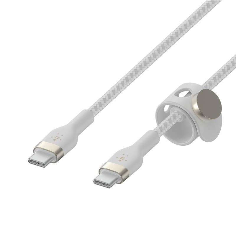 Кабель Belkin USB-C > USB-C заряджання/синхронізації 60Вт PD, 1м, плетений, силіконовий, з ремінцем на магніті, білий