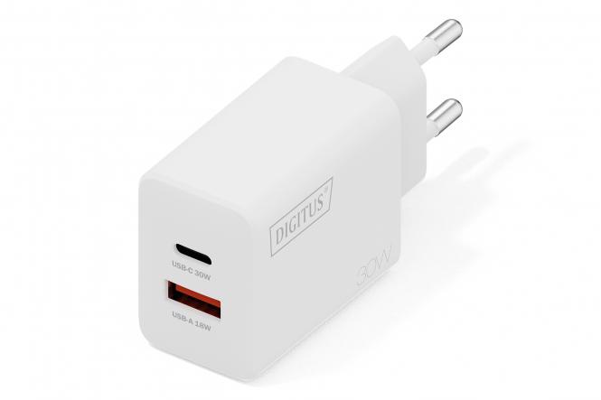 Зарядний пристрій DIGITUS GaN 1хUSB-C, 1хUSB-A, 30W