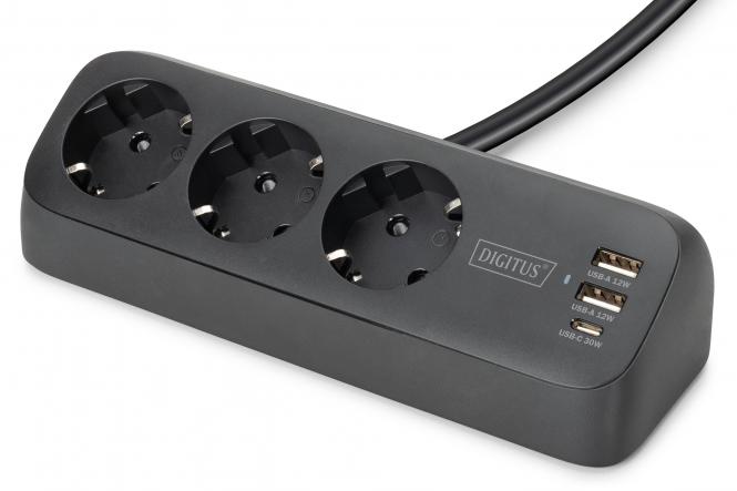 Блок розеток DIGITUS Office, 3xSchuko, 2xUSB-A, 1xUSB-C, 16A, 1.5м, вилка Schuko, чорний