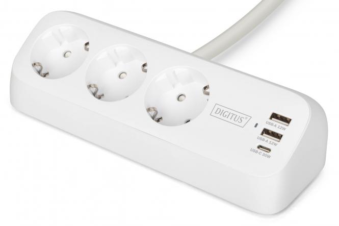 Блок розеток DIGITUS Office, 3xSchuko, 2xUSB-A, 1xUSB-C, 16A, 1.5м, вилка Schuko, білий