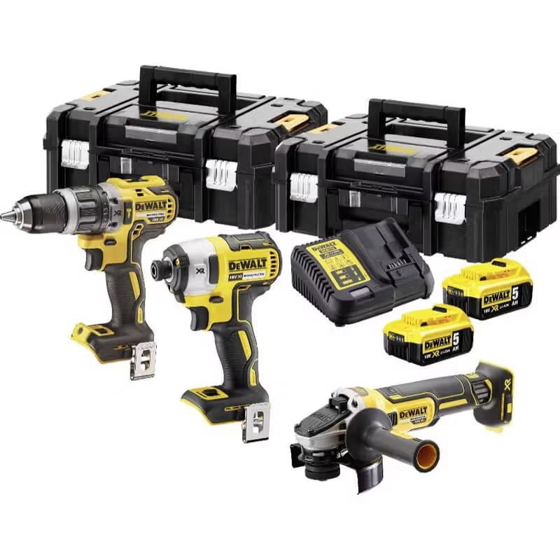 Набір із трьох акумуляторних інструментів DeWALT 18В дриль-шурупокрут ударний DCD796 шурупокрут ударний DCF887 шліфмашина кутова DCG405 акб 2х5А·год ЗП 2хTSTAK 9.7кг