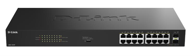 Комутатор D-Link DGS-1018P 16x1GE PoE+, 240Вт, 30Вт/порт, Некерований
