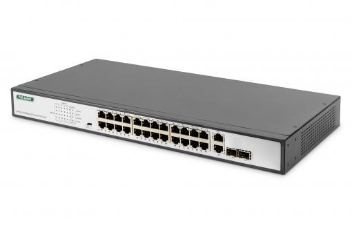 Комутатор DIGITUS Fast Ethernet, 19', 24-port PoE + 2 Combo, 2 Uplinks, Unmanaged