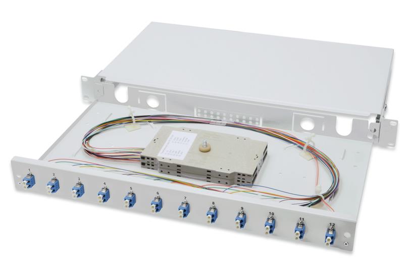 Оптична панель DIGITUS 19' 1U, 12xLC duplex, incl, Splice Cass, OS2 Color Pigtails, Adapter
