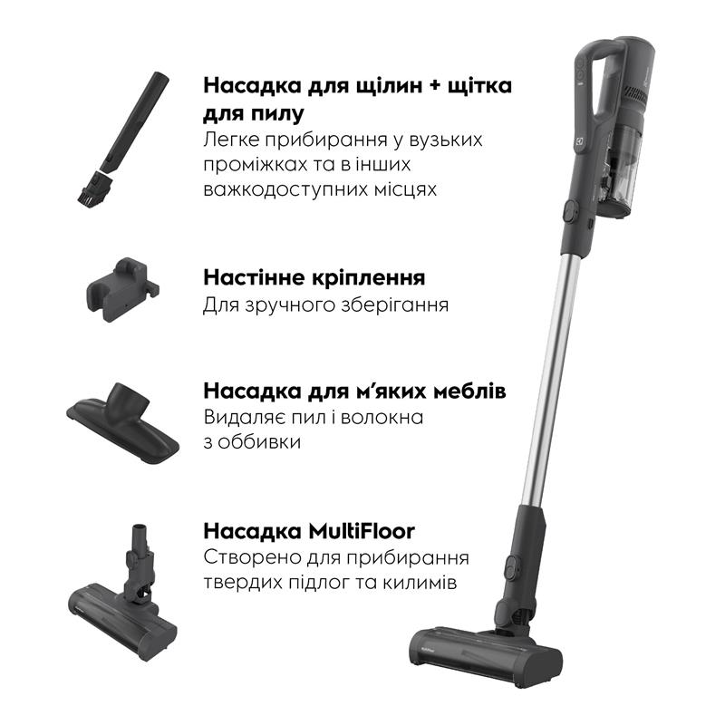 Пилосос Electrolux бездротовий, конт пил -0.3л, автон. робота до 50хв, вага-1.9кг, HEPA10, 3 насадки, синій