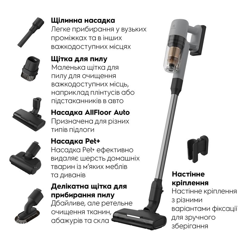 Пилосос Electrolux бездротовий, конт пил -0.3л, автон. робота до 50хв, вага-2.29кг, HEPA12, AutoMode, 5 насадок, сірий