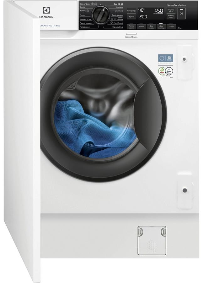 Пральна машина Electrolux вбудована фронтальна, 8кг, 1400, B, 55см, дисплей, пара, інвертор, білий