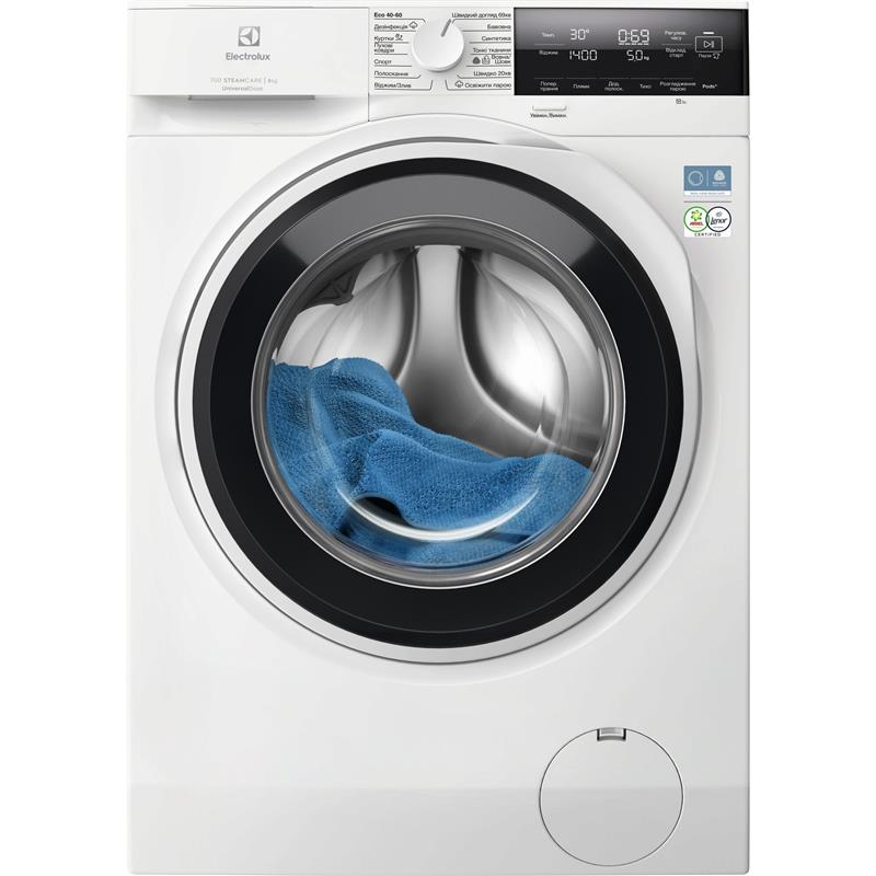 Пральна машина Electrolux фронтальна, 8кг, 1600, A, 60см, дисплей, пара, інвертор, universaldose, білий