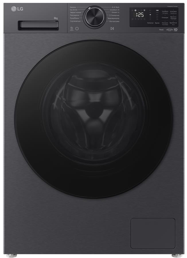 Пральна машина LG фронтальна, 8кг, 1200, A, 48см, дисплей, пар, инвертор, чорний матовий