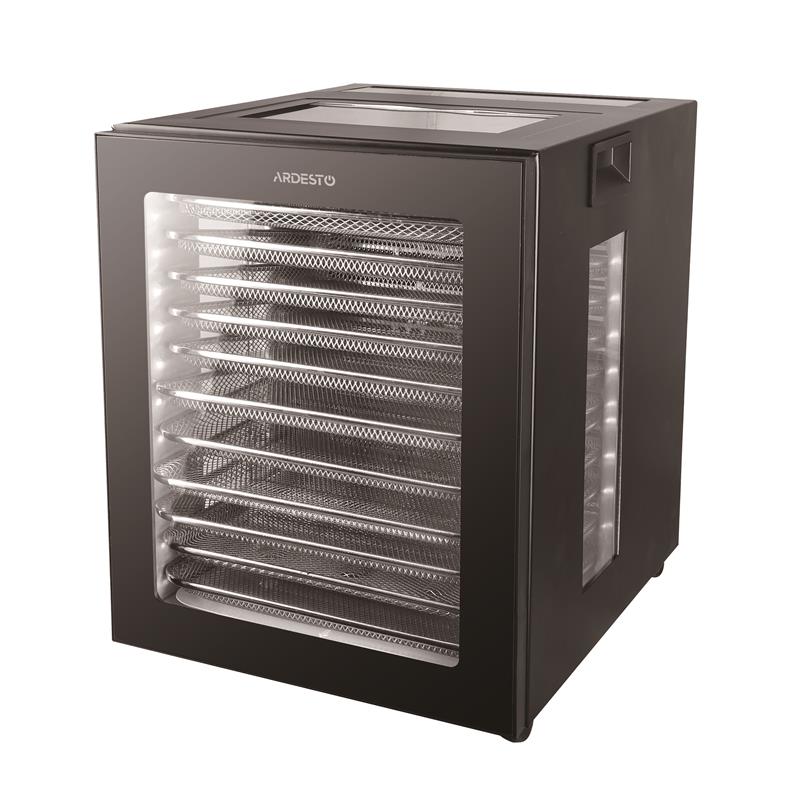 Сушарка для продуктів ARDESTO FDB-1242, 850Вт, піддонів -12x3см, макс-70°С, таймер, електр. управління, нерж., чорний