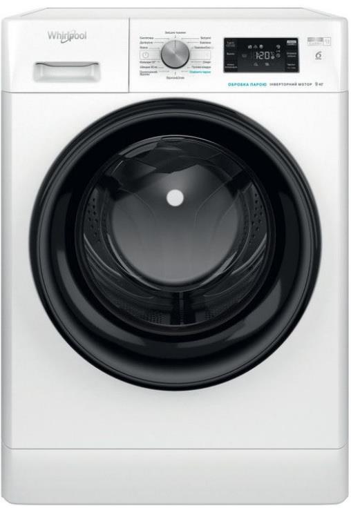 Пральна машина Whirlpool фронтальна, 9кг, 1400, A, 60см, дисплей, пара, інвертор, люк чорний, білий