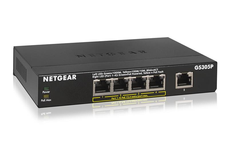Комутатор NETGEAR GS305P 5xGE (4xPoE), 63Вт, Некерований
