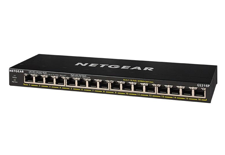 Комутатор NETGEAR GS316P 16xGE PoE, 115Вт, Некерований