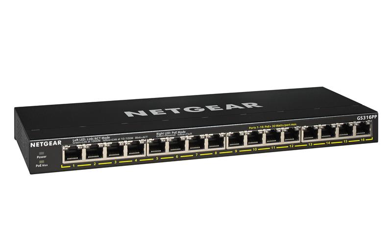 Комутатор NETGEAR GS316PP 16xGE PoE, 183Вт, Некерований