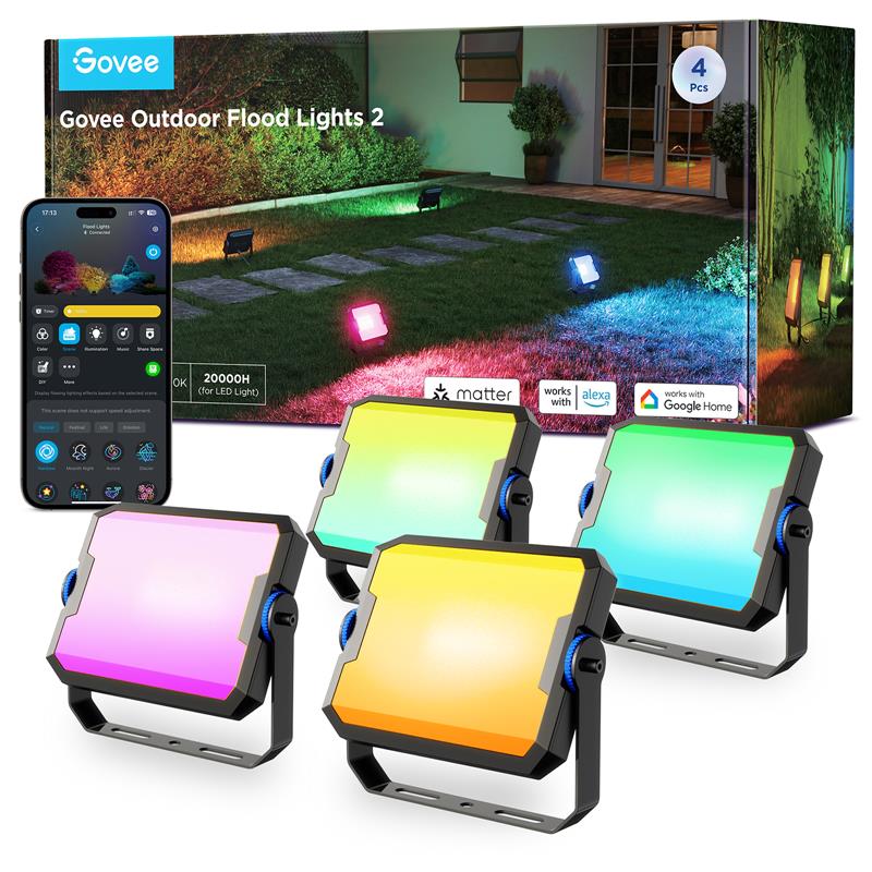 Набір настінних світильників Govee H8057 Outdoor FLood Lights, 4шт, RGBICWW, WI-FI/Bluetooth, чорний