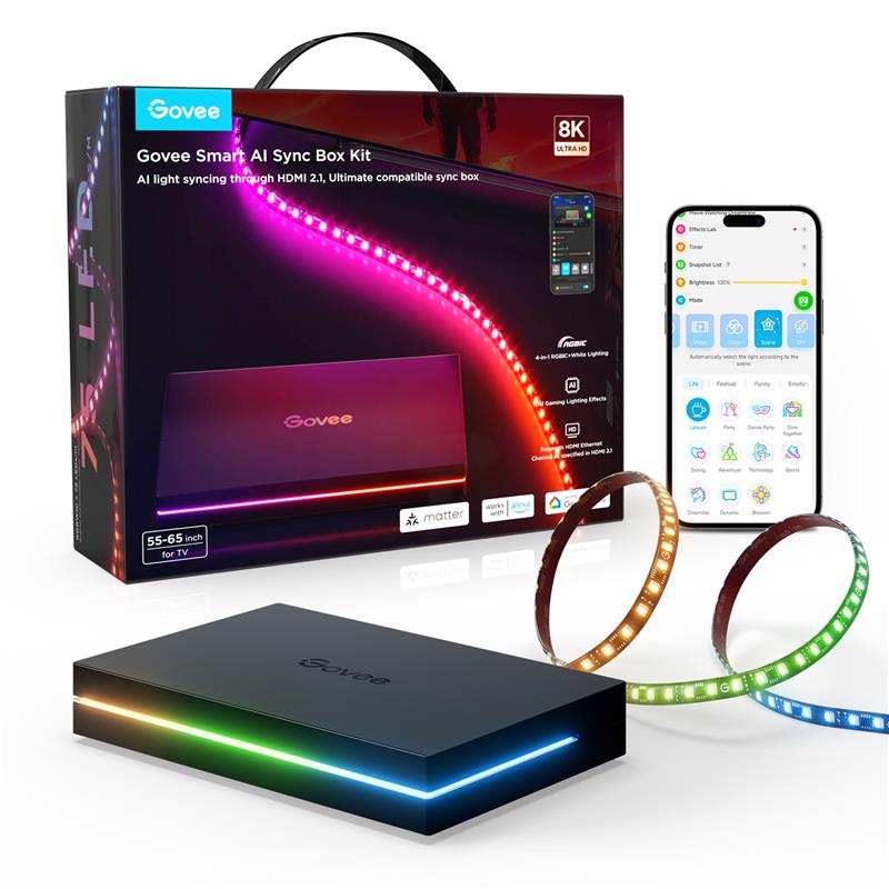 Набір адаптивного підсвічування Govee H8604 Govee AI Sync Box Kit 2 TV BackLight 55-65', RGBWIC, WI-FI/Bluetooth, чорний