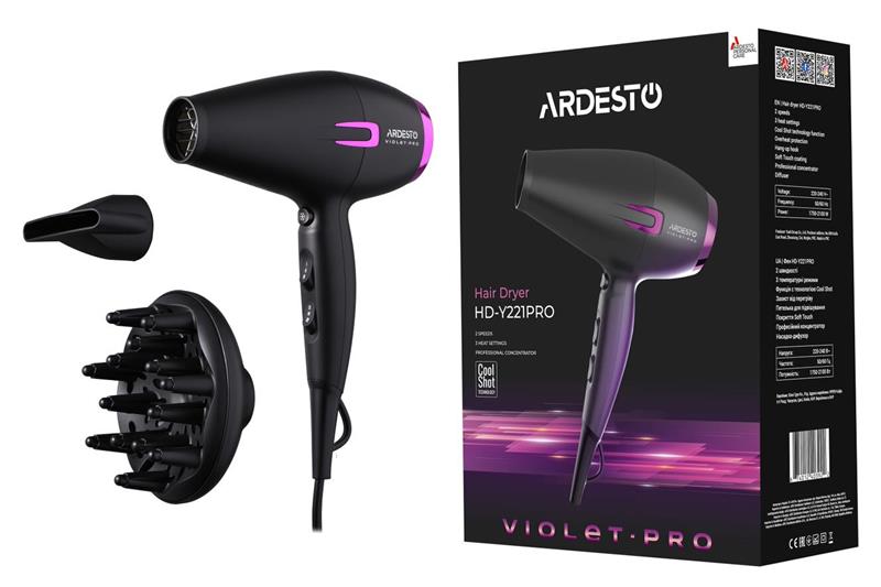 Фен ARDESTO Violet PRO HD-Y221PRO ,1750-2100Вт, 2 швидкості, 3 темп.режими, дифузор, чорний