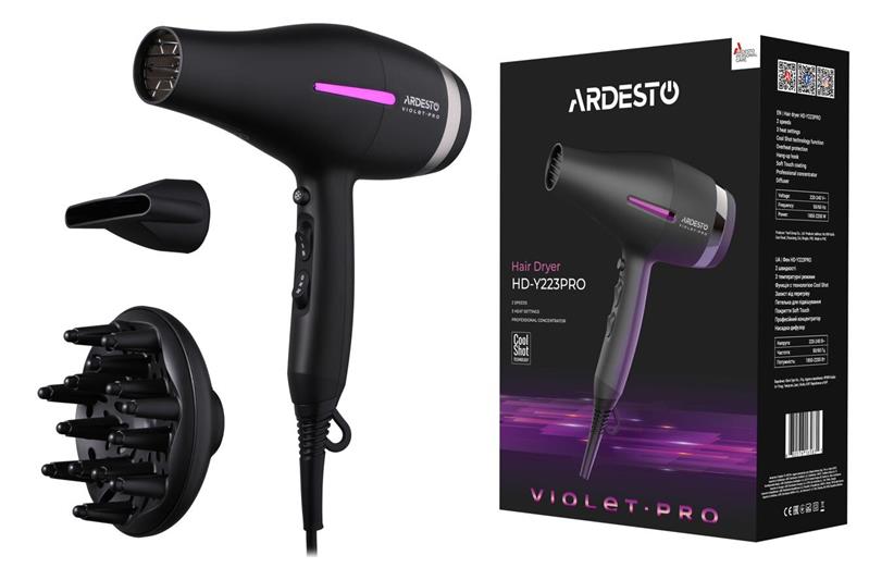 Фен ARDESTO Violet PRO HD-Y223PRO, 1850-2200Вт, 2 швидкості , 3 темп.режими, дифузор, чорний