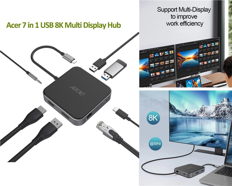 Хаб Acer USB-С > HDMI/DP/2xUSB-A3.2/USB-C/RJ45/mini-jack, 0.15м, чорний