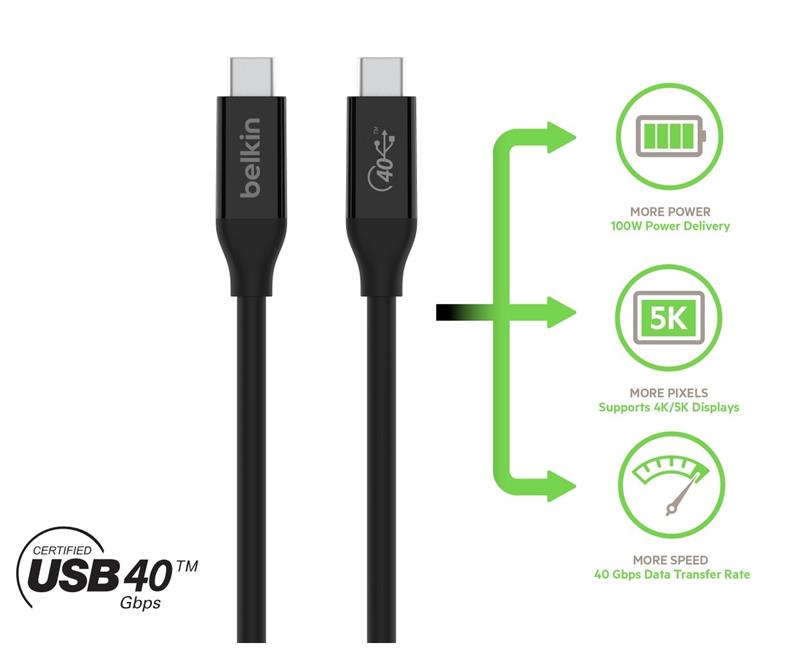 Кабель Belkin USB-C > USB-C заряджання/синхронізації 100Вт PD, USB4, 40Гбс, 0.8м, чорний