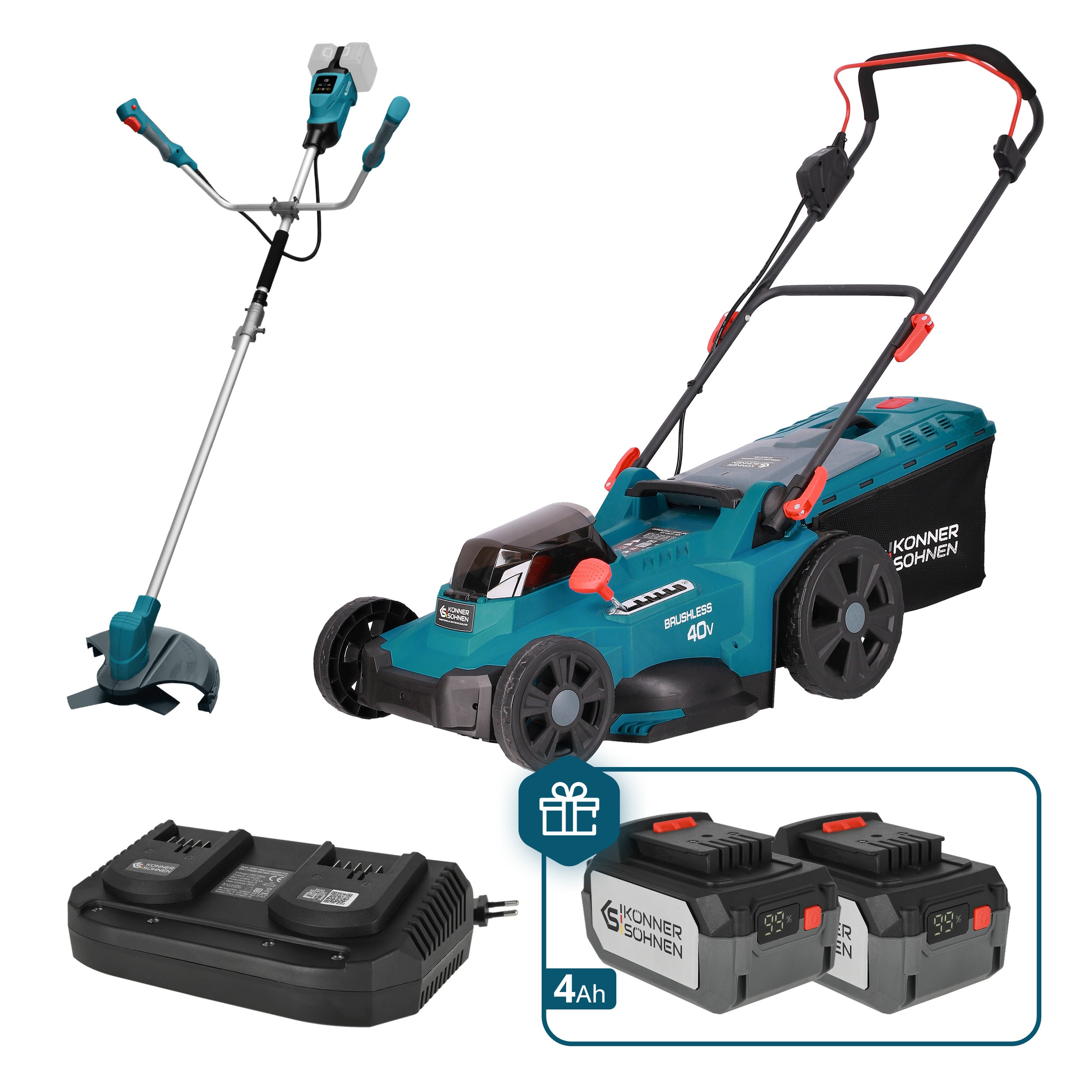 Набір із двох акумуляторних інструментів Konner&Sohnen KS 43LM-BCT40V-SET 40В(20+20В) газонокосарка KS 43LM-40V та тример садовий KS BCT-40V акб 2х4А·год ЗП 22.5кг