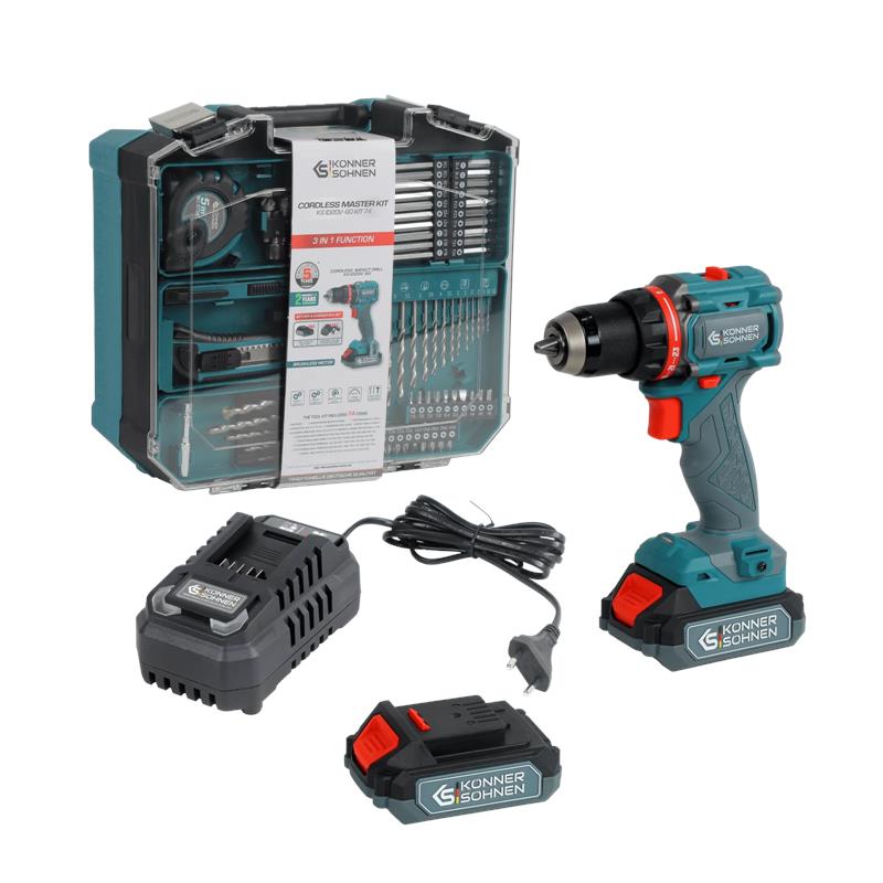 Шурупокрут-дриль ударний акумуляторний Konner&Sohnen KS ID20V-60 KIT 74 20В 1х2А·год 60Нм 0-450·0-1900об/хв LED-світло ЗП набір свердл і біт 74шт кейс 4.3кг