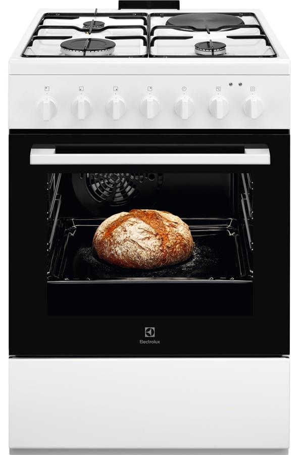 Плита Electrolux комбінована 3 газ + 1 електро, 57л, 60x60см, конвекція, білий