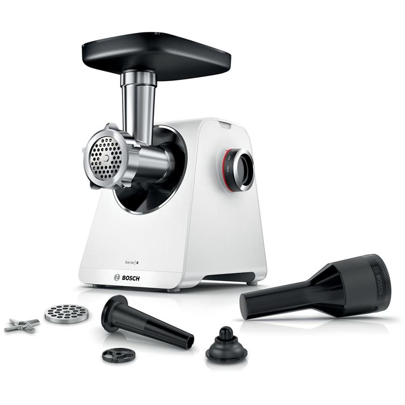 М'ясорубка Bosch, 2100Вт, 3.5кг/хв, 2 решітки, насадка для ковбас, кеббе, пластик, білий