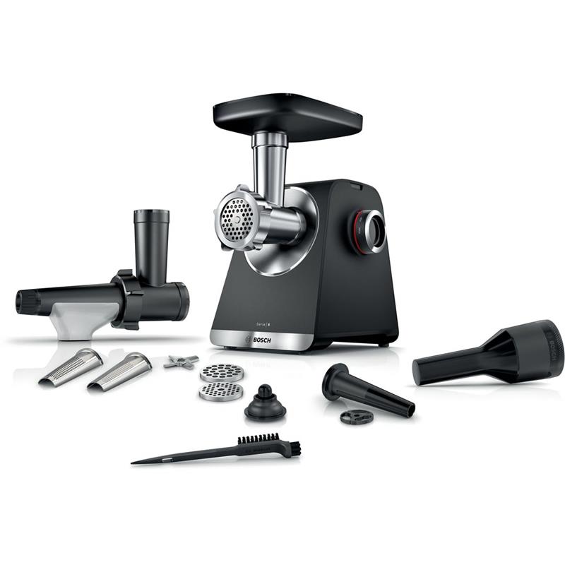 М'ясорубка Bosch, 2100Вт, 3.5кг/хв, 2 решітки, насадка для ковбас, кеббе, соковижималка, пластик, чорний