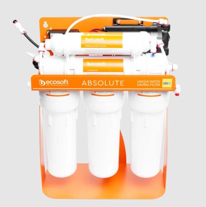 Фільтр зворотного осмосу Ecosoft Absolute з мінералізатором та помпою на станині, мембрана 75gpd, дренаж 1:1