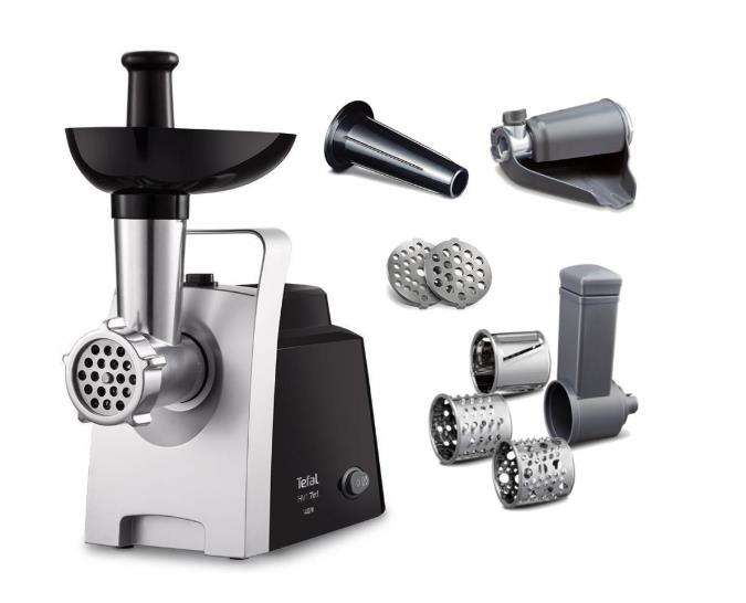 М'ясорубка Tefal HV1 7in1, 1400Вт, 1.7кг/хв, 2 решітки, насадка для ковбас, томатів, 3 терки, пластик, чорний