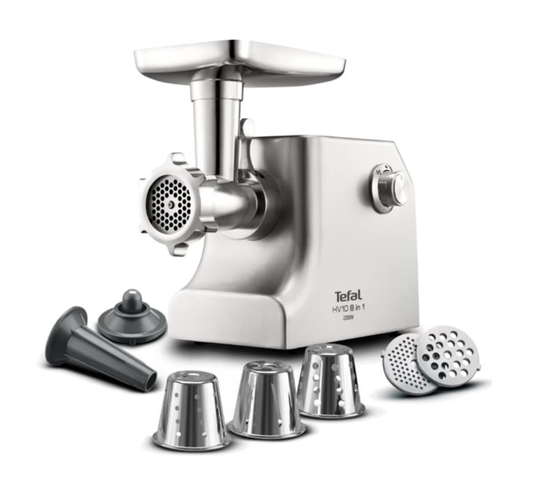 М'ясорубка Tefal HV10 8in1, 2200Вт, 5.5кг/хв, 3 решітки, насадка для ковбас, кеббе, 3 терки, метал