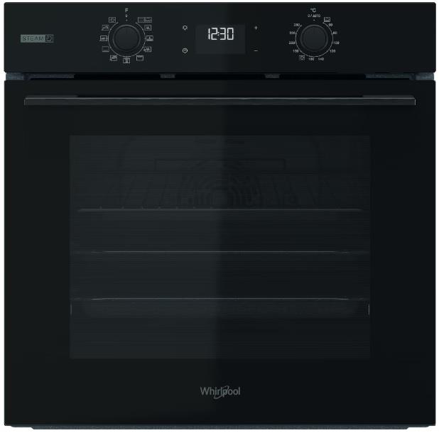 Духова шафа Whirlpool електрична, 71л, A+, дисплей, конвекція, телескопічні напрямні, пара, чорний