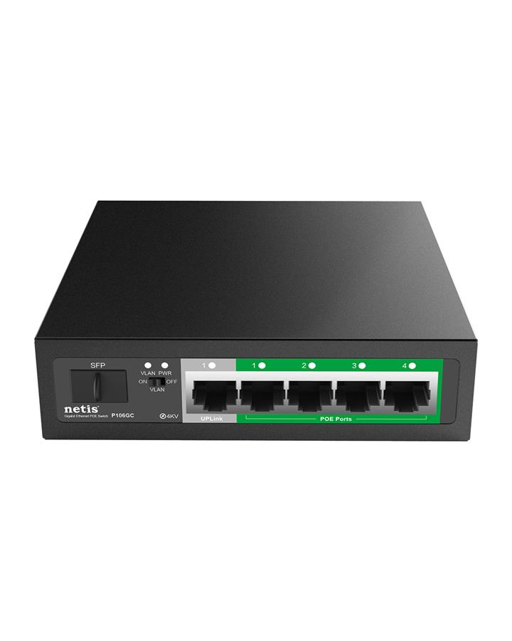Комутатор Netis P106GC 6xGE (4xPoE, 1xUplink, 1xSFP), 60Вт, Некерований