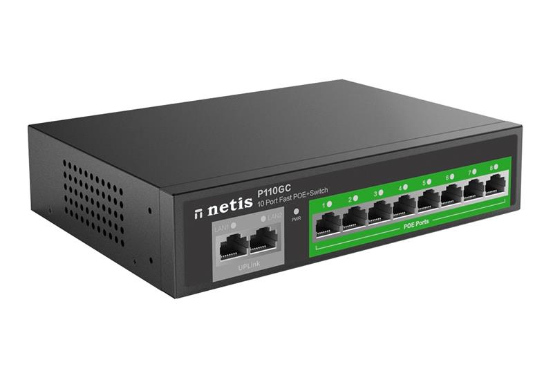 Комутатор Netis P110GC 10xGE (8xPoE, 2xUplink), 120Вт, Некерований