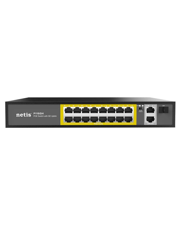 Комутатор Netis P116GH 16xFE PoE, 3xGE (2xUplink, 1xSFP), 240Вт, Некерований