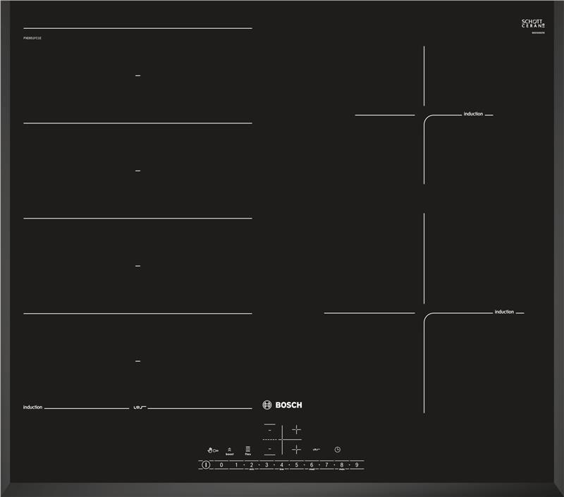Варочная поверхность стеклокерам. Bosch PXE651FC1E -индукция/60см/4конф/2 расш/диспл/черный