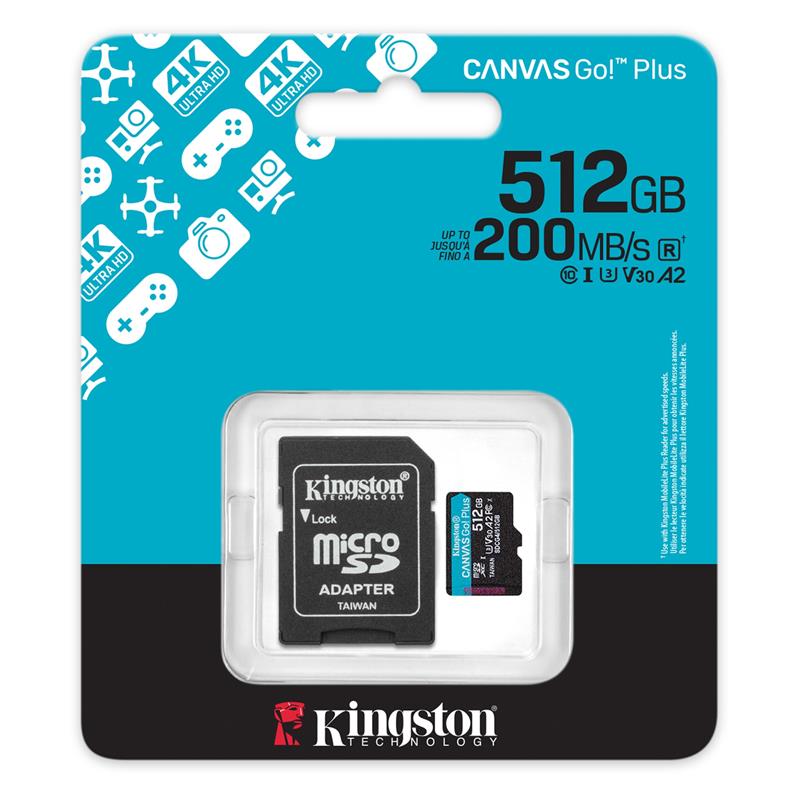 Карта пам'яті Kingston microSD 512GB C10 UHS-I U3 A2 V30 R200/W160MB/s + SD