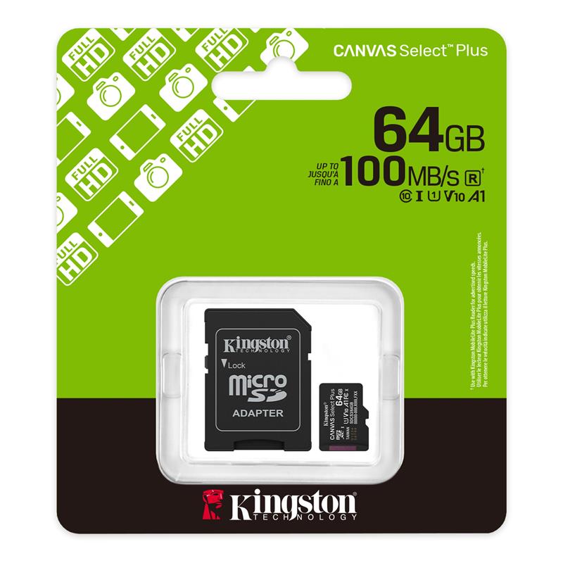 Карта пам'яті Kingston microSD 64GB C10 UHS-I A1 V10 R100MB/s + SD