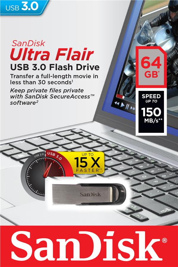 Накопичувач SanDisk 64GB USB 3.0 Type-A Flair R150MB/s Срібний