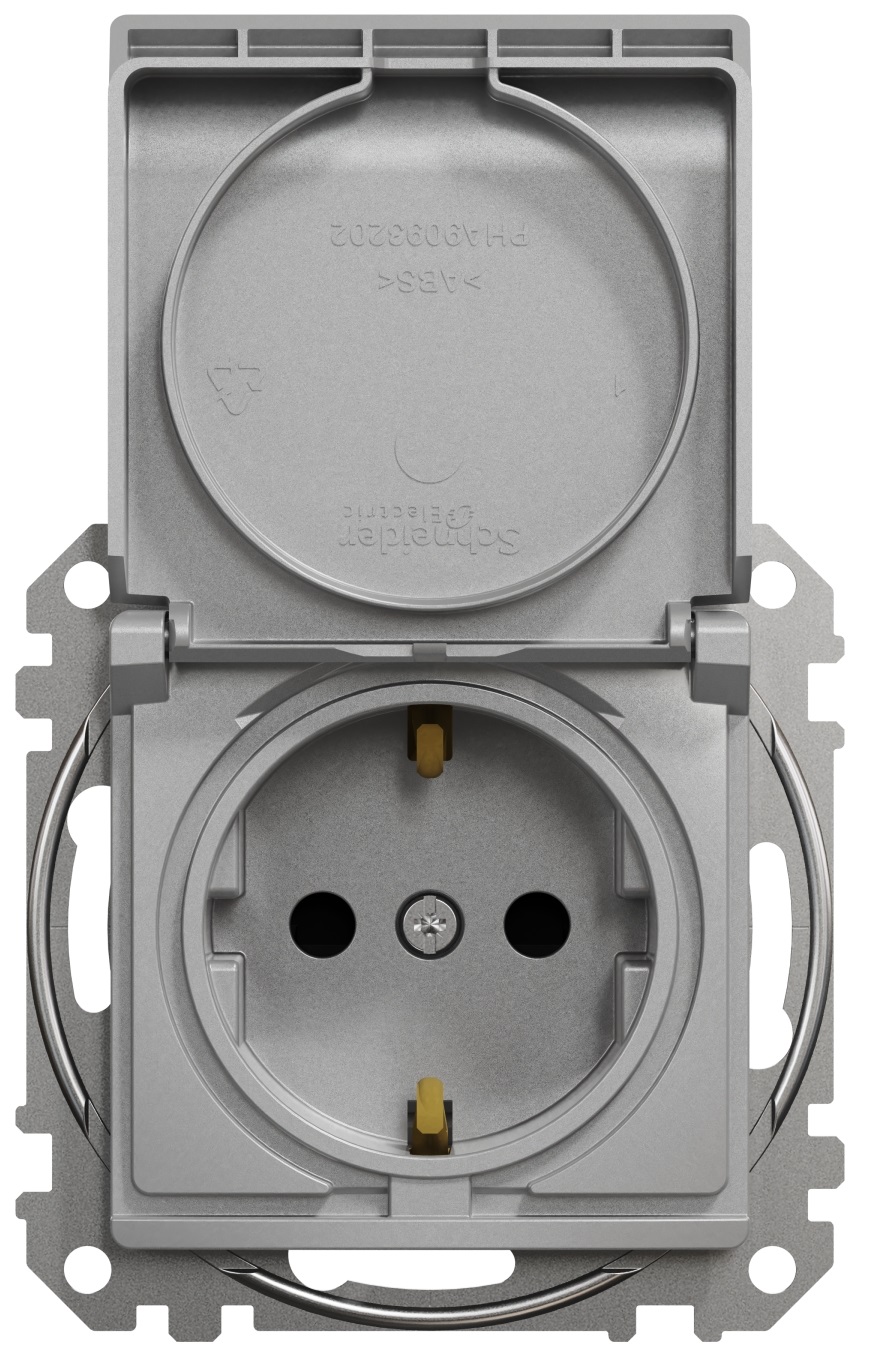 Розетка з заземленням, зі шторками та кришкою Schneider Electric, Sedna Design (алюміній)