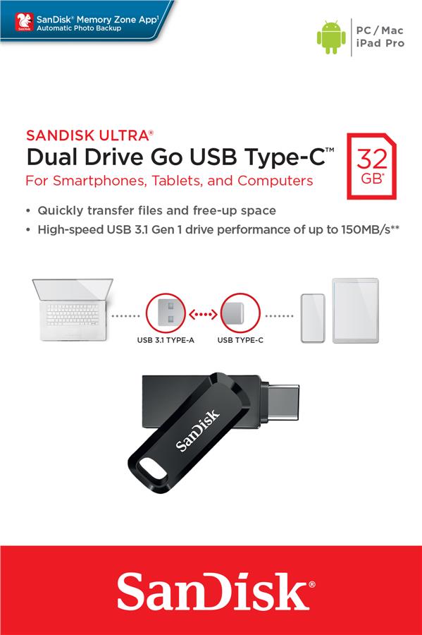 Накопичувач SanDisk 32GB USB 3.1 Type-A + Type-C Ultra Dual Drive Go Чорний