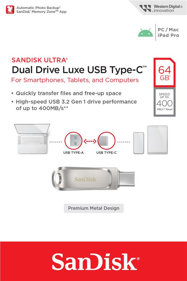 Накопичувач SanDisk 64GB USB 3.1 Type-A + Type-C Dual Drive Luxe Срібний
