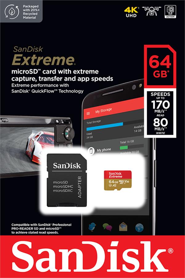 Карта пам'яті SanDisk microSD 64GB C10 UHS-I U3 A2 V30 R170/W80MB/s Extreme + SD