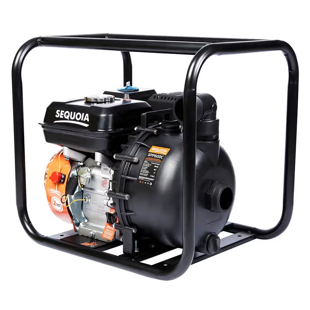 Мотопомпа бензинова SEQUOIA SPP600C для агресивних речовин, 4.78кВт/6.5к.с., 600л/хв, висота 30м, частки 5мм, бак 3.5л, діаметр патрубків 2"/50мм, ручний старт, 22кг