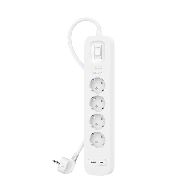 Подовжувач мережевий Belkin 2м, 4хТипF, 16А, USB-A/USB-C 18Вт, фільтр, білий
