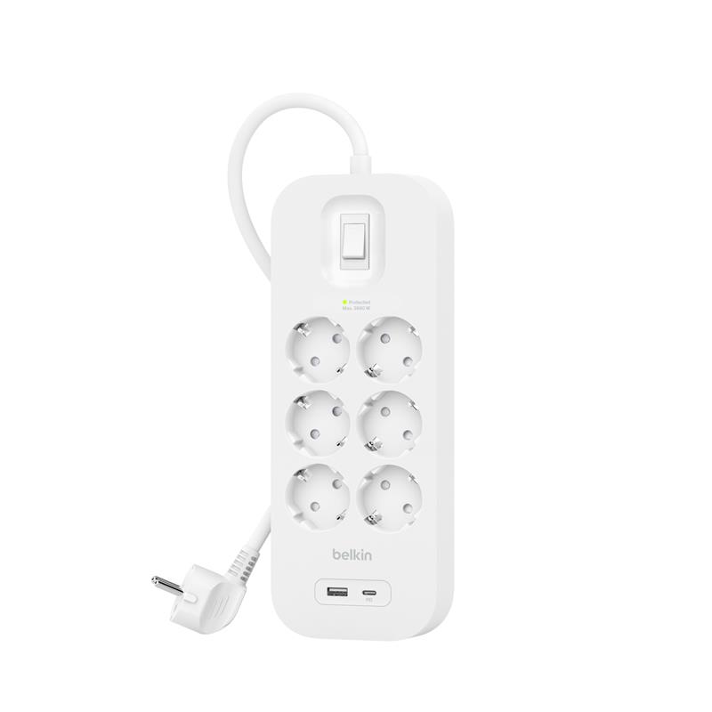 Подовжувач мережевий Belkin 2м, 6хТипF, 16А, USB-A/USB-C 18Вт, фільтр, білий