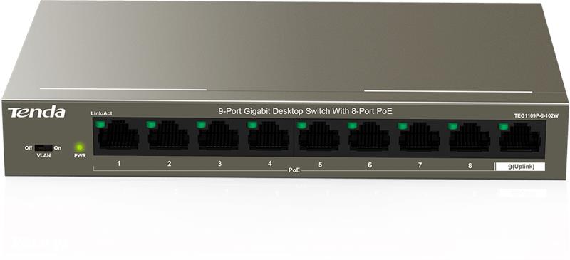 Комутатор TENDA TEG1109P-8-102W 8xGE PoE, 1xGE Uplink